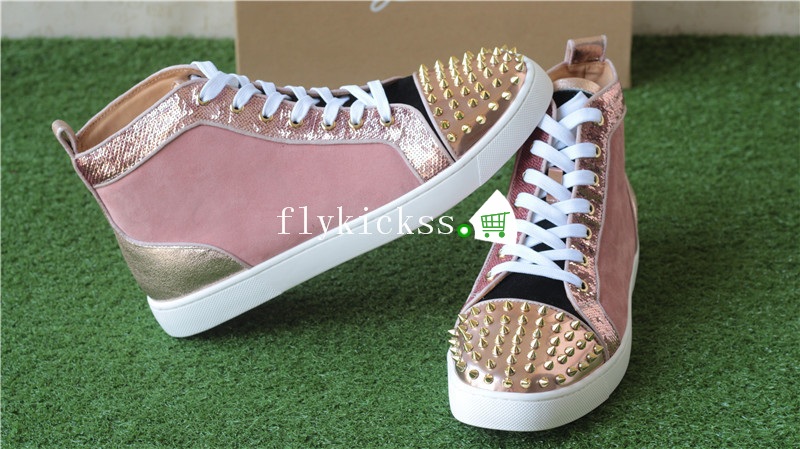 Christian Louboutin Flat Spikes High Top Sneaker Pink Suede